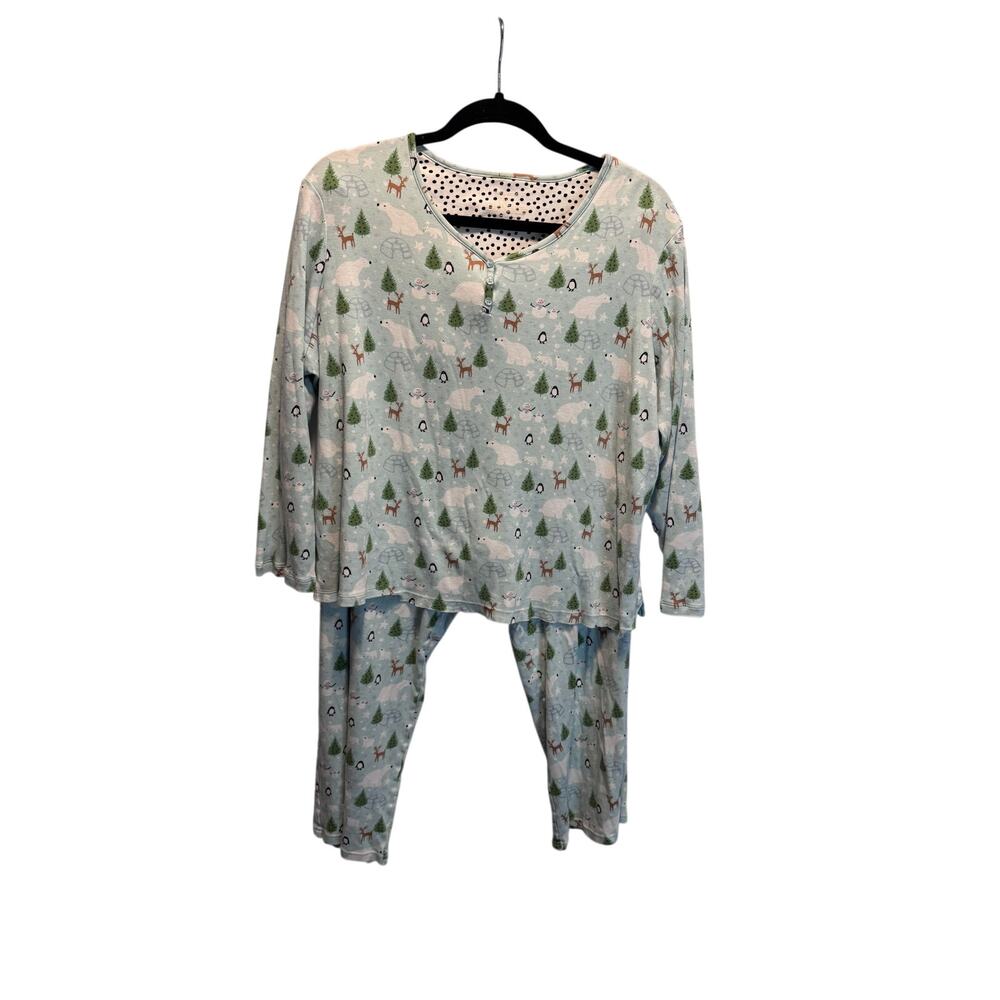 Sleep Sense Womens 1X Pajama Set Polar Bear Reindeer Christmas Cotton Lounge